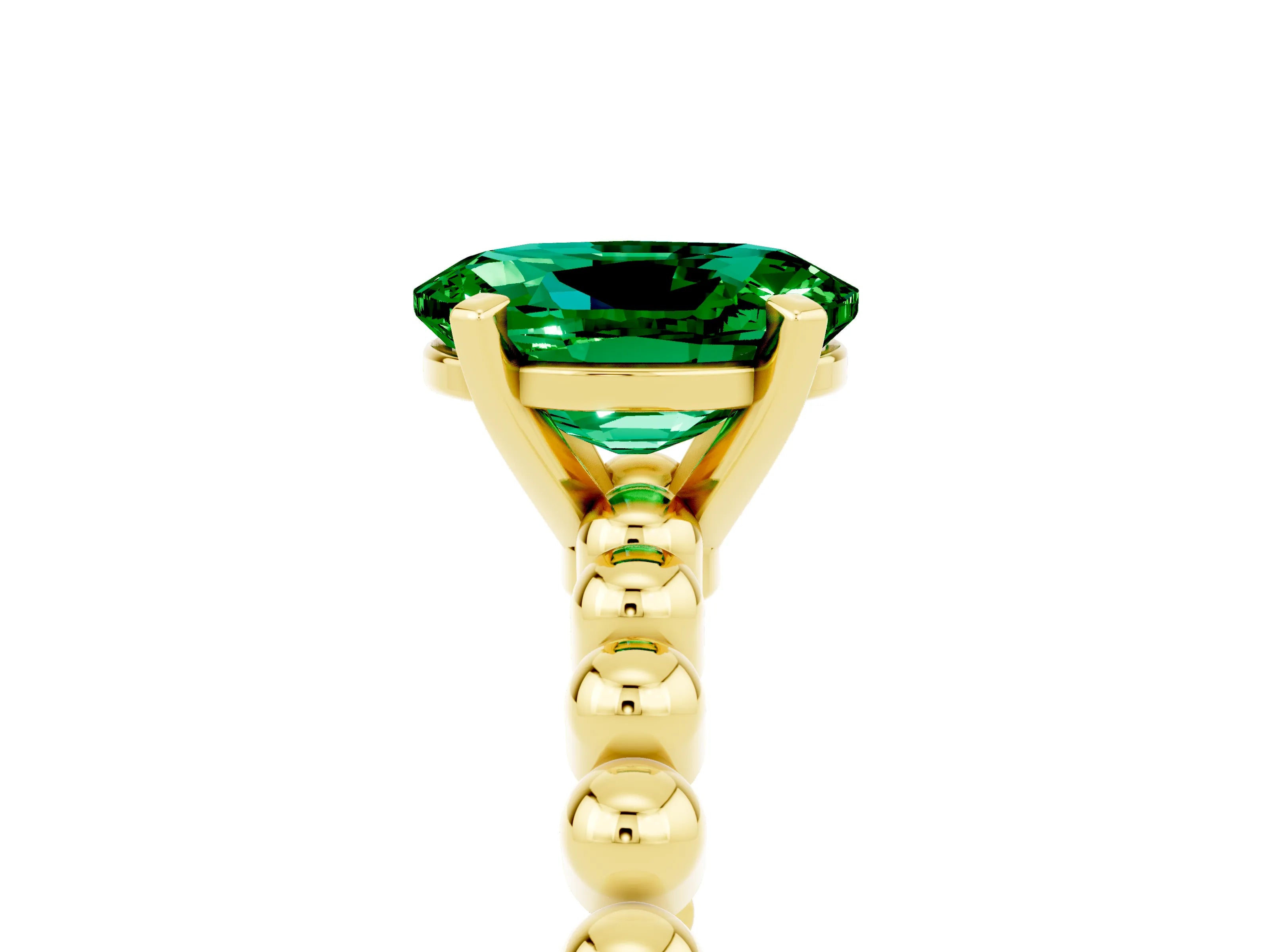 Yellow gold Oval Cut Emerald Solitaire Ring with Beaded Band and Prong Setting_5