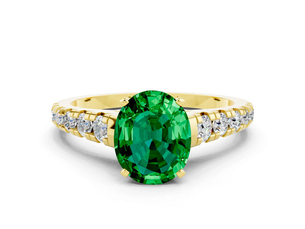 Yellow gold Oval Cut Emerald Cathedral Solitaire Ring with Round  Pavé Band