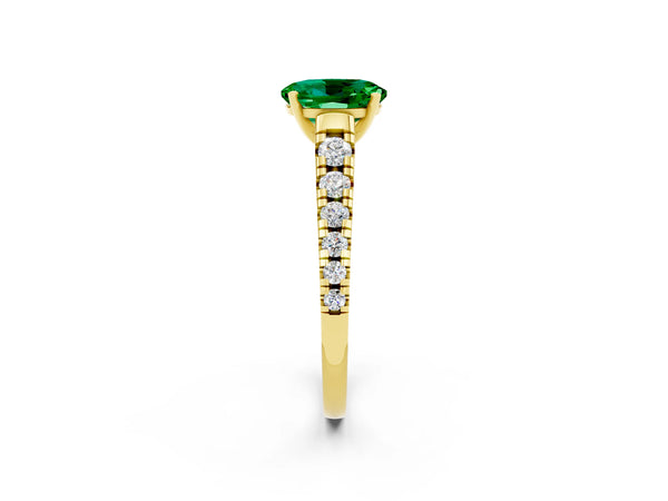 Yellow gold Oval Cut Emerald Cathedral Solitaire Ring with Round  Pavé Band