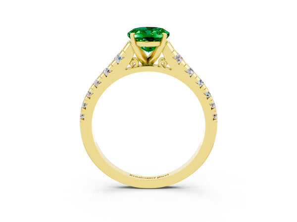 Yellow gold Oval Cut Emerald Cathedral Solitaire Ring with Round  Pavé Band