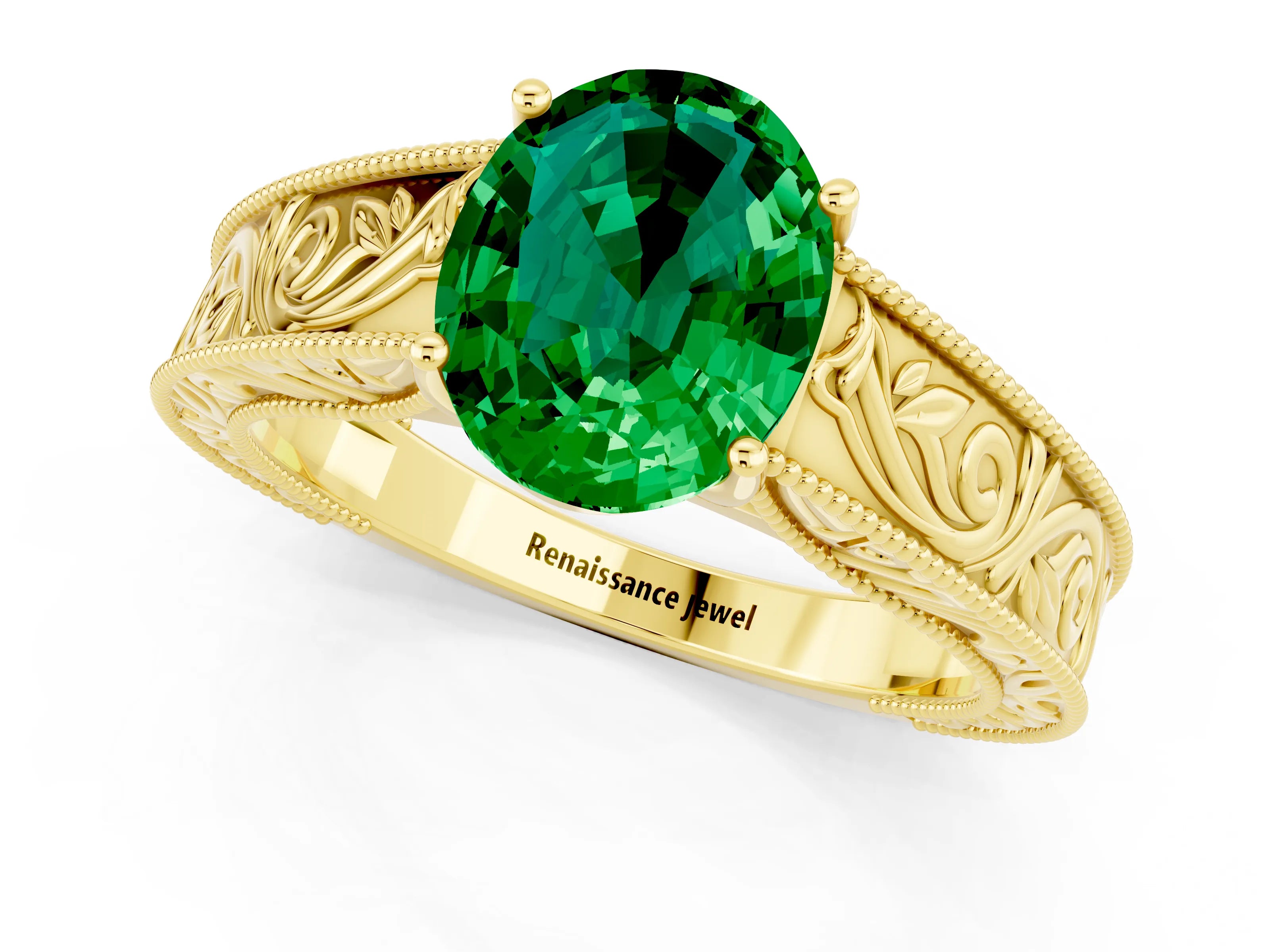 Yellow gold Oval Cut Emerald Solitaire Ring with Engraved Band and Four-Prong Setting_1