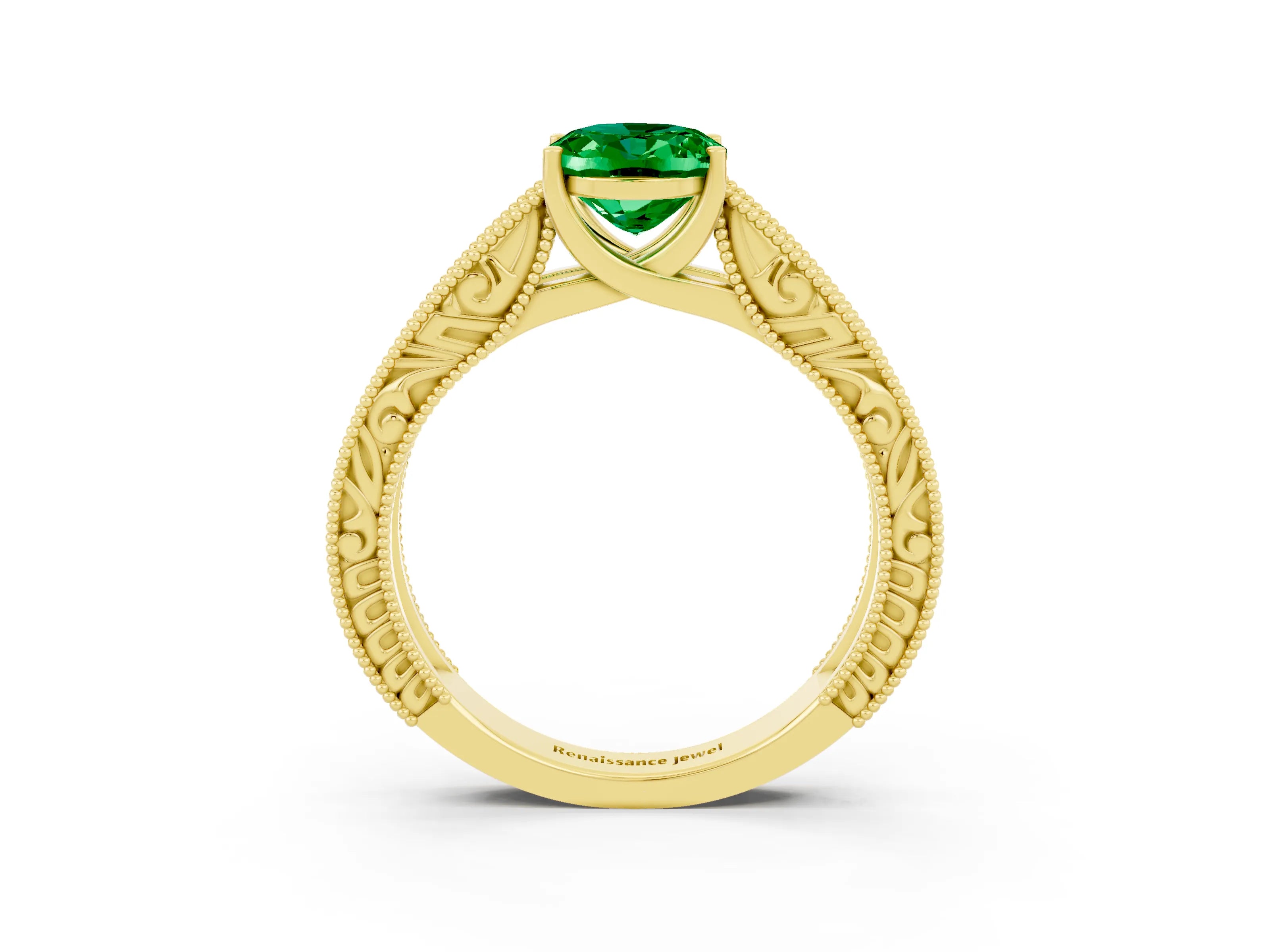 Yellow gold Oval Cut Emerald Solitaire Ring with Engraved Band and Four-Prong Setting_3