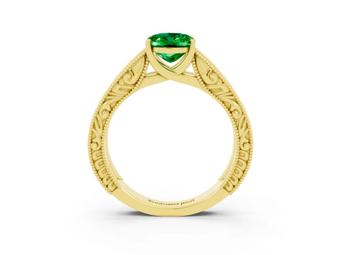 Yellow gold Oval Cut Emerald Solitaire Ring with Engraved Band and Four-Prong Setting_3