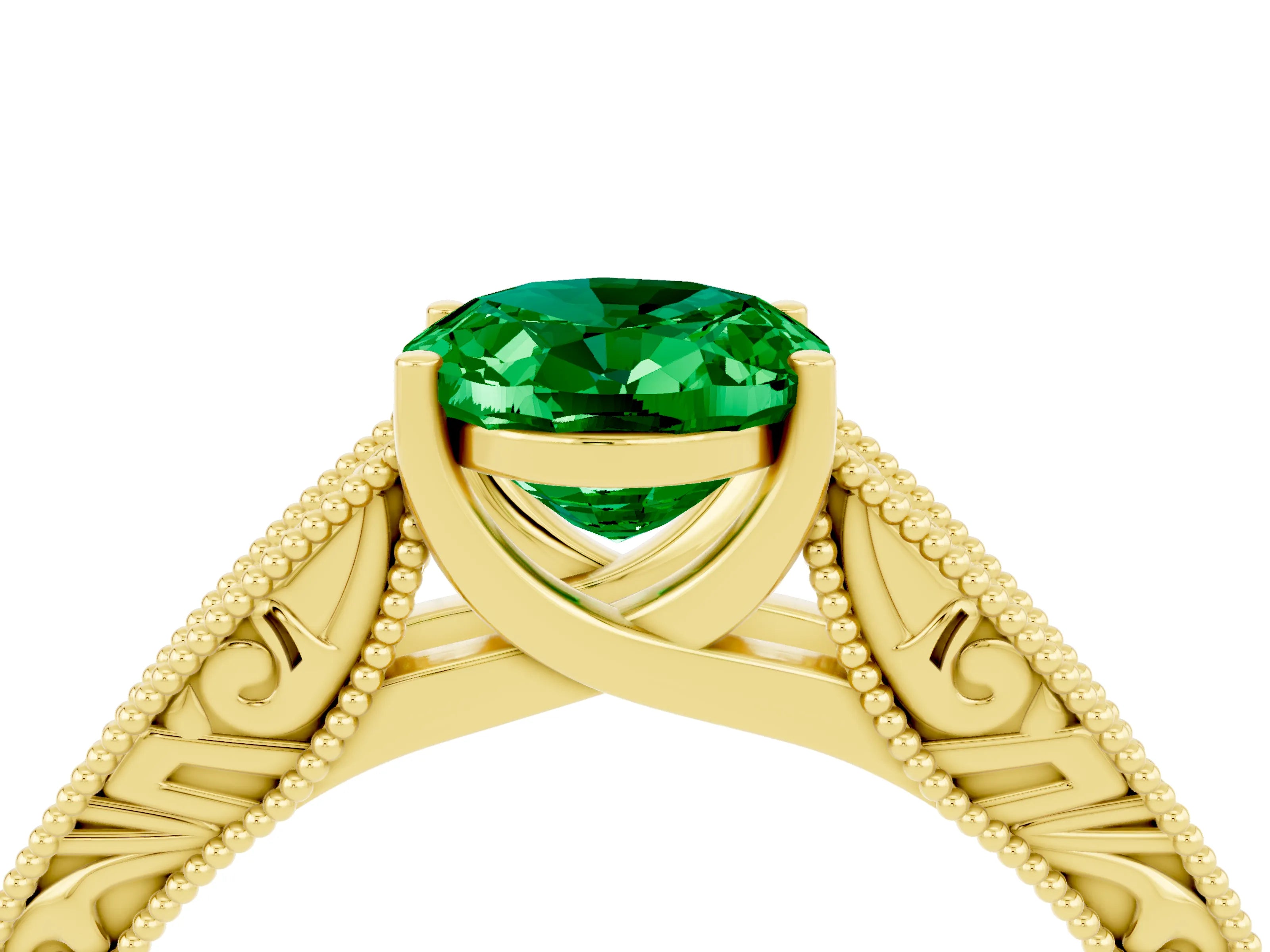Yellow gold Oval Cut Emerald Solitaire Ring with Engraved Band and Four-Prong Setting_4