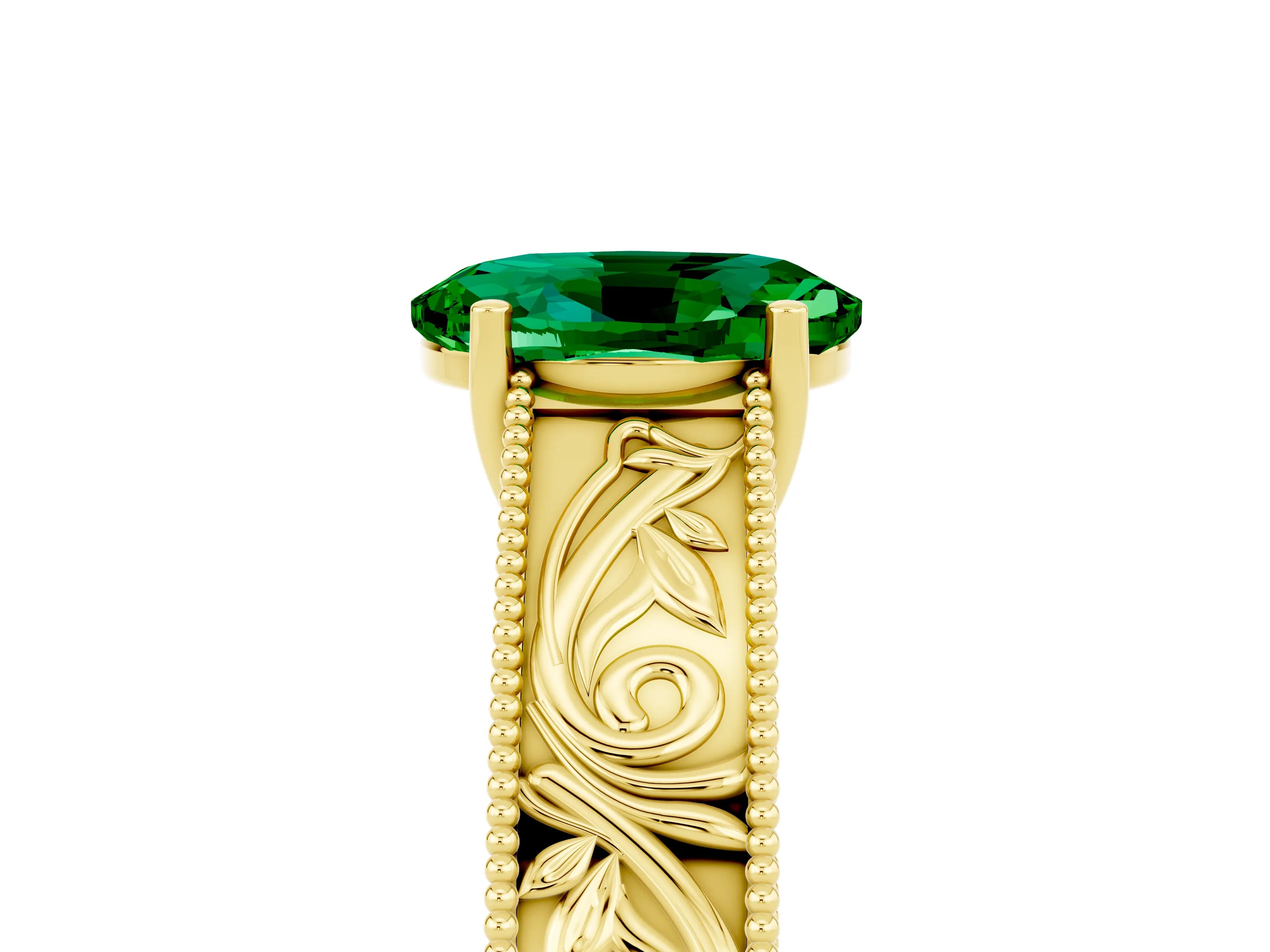 Yellow gold Oval Cut Emerald Solitaire Ring with Engraved Band and Four-Prong Setting_5