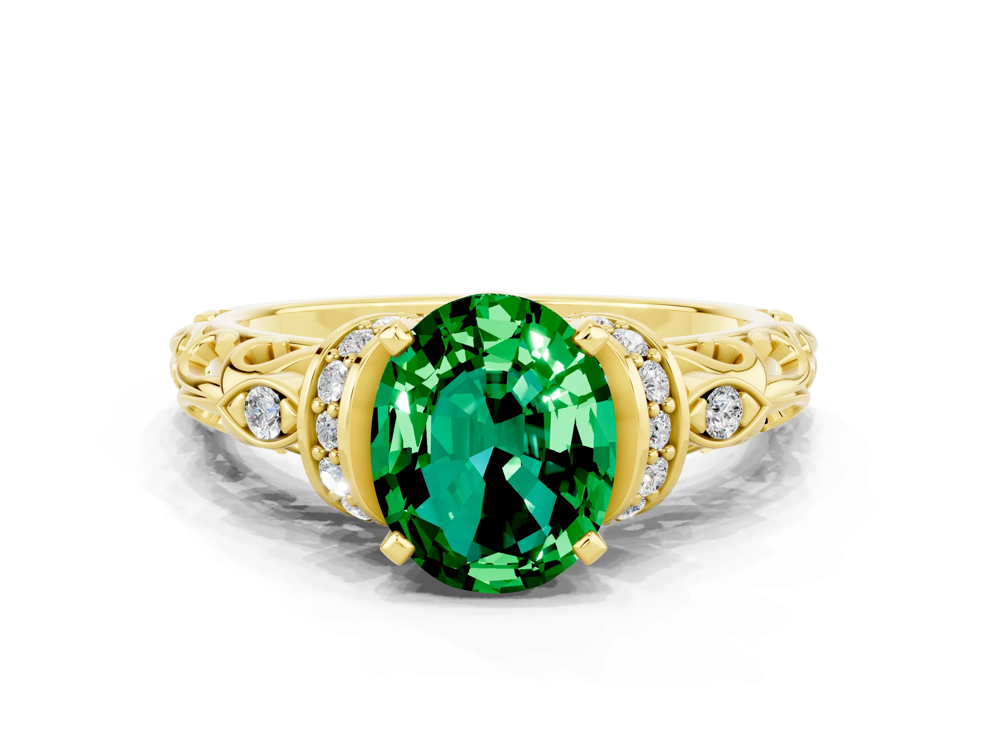 Yellow gold Oval Cut Emerald Solitaire Ring with Filigree Band and Four-Prong Setting_24