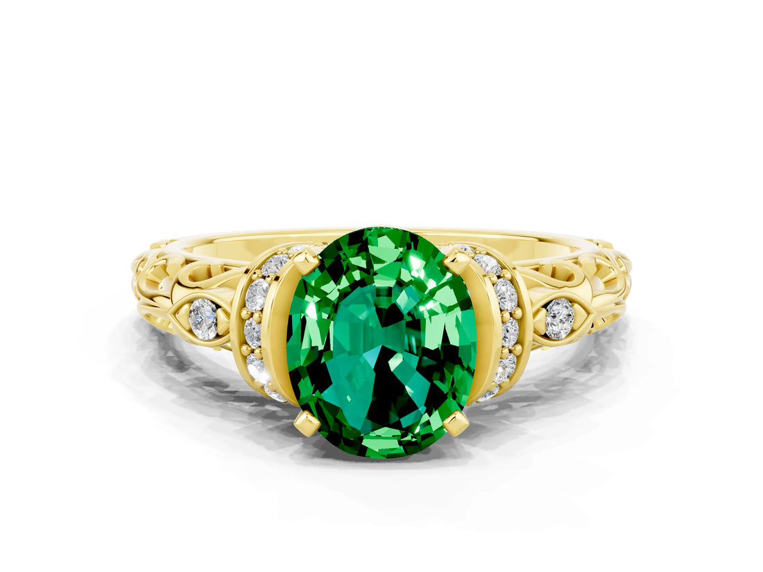 Yellow gold Oval Cut Emerald Solitaire Ring with Filigree Band and Four-Prong Setting_24