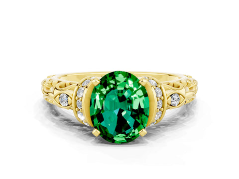 Yellow gold Oval Cut Emerald Solitaire Ring with Filigree Band and Four-Prong Setting_24