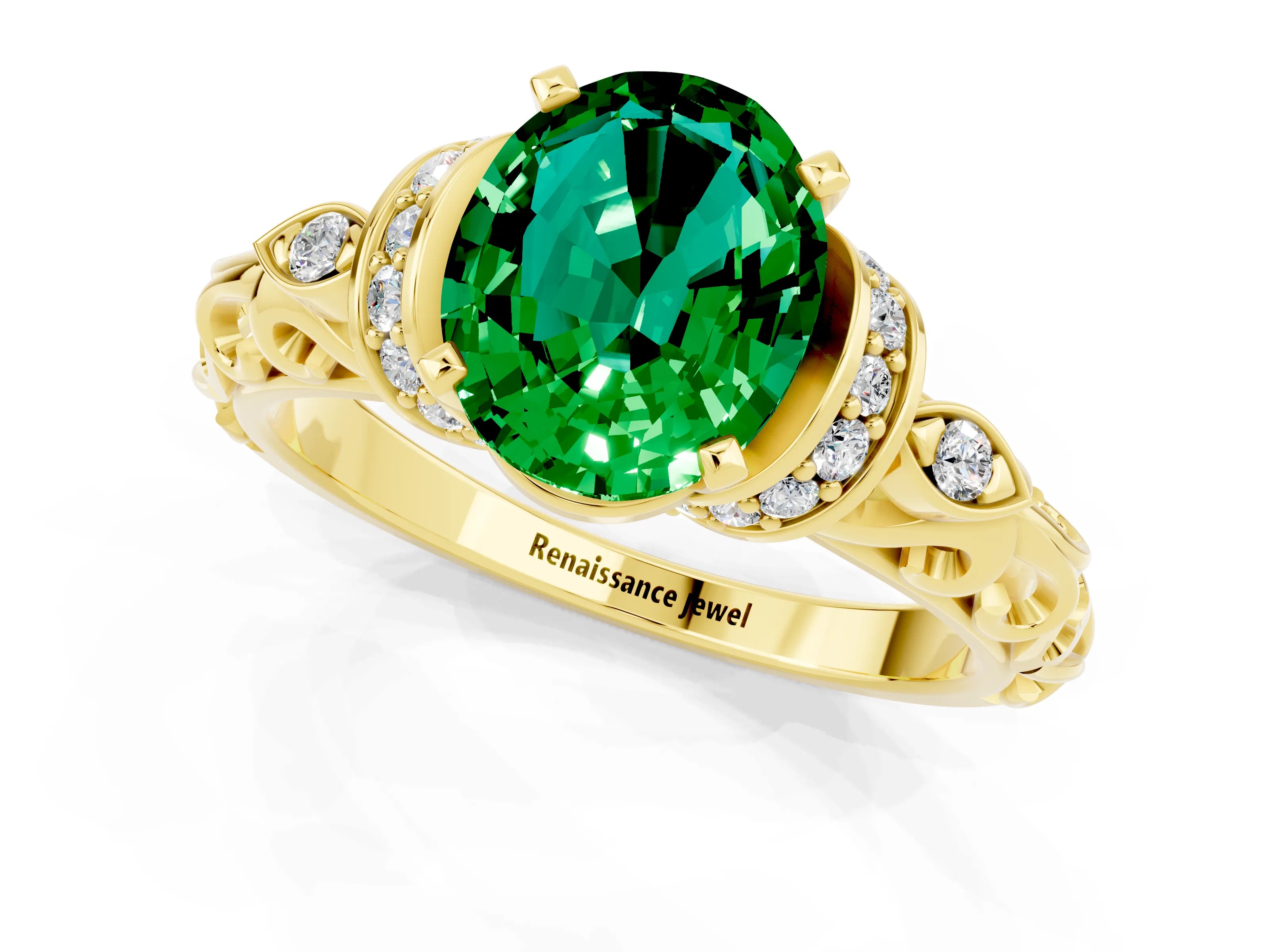 Yellow gold Oval Cut Emerald Solitaire Ring with Filigree Band and Four-Prong Setting_25