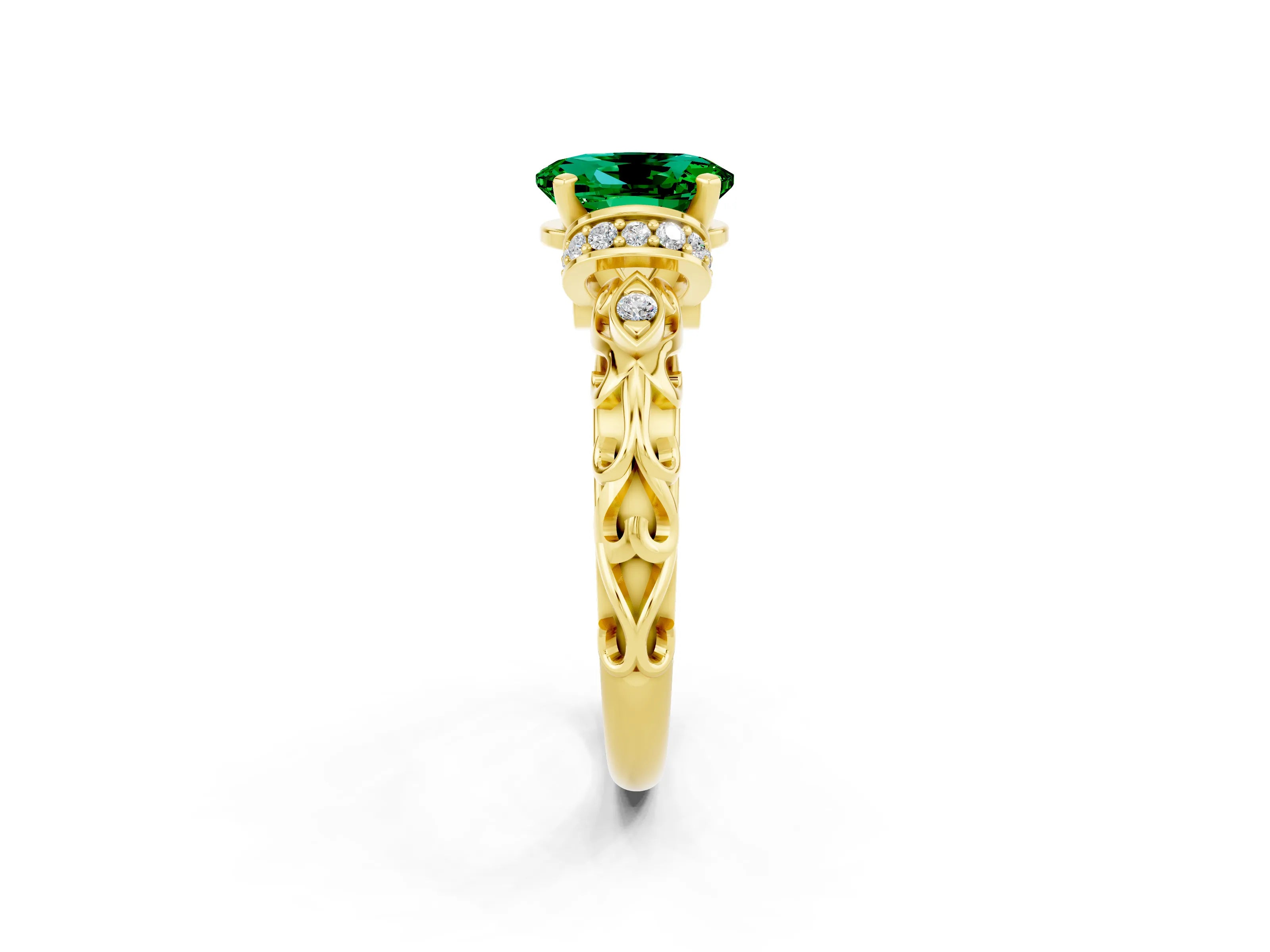 Yellow gold Oval Cut Emerald Solitaire Ring with Filigree Band and Four-Prong Setting_26