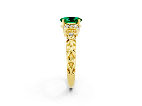 Yellow gold Oval Cut Emerald Solitaire Ring with Filigree Band and Four-Prong Setting_26