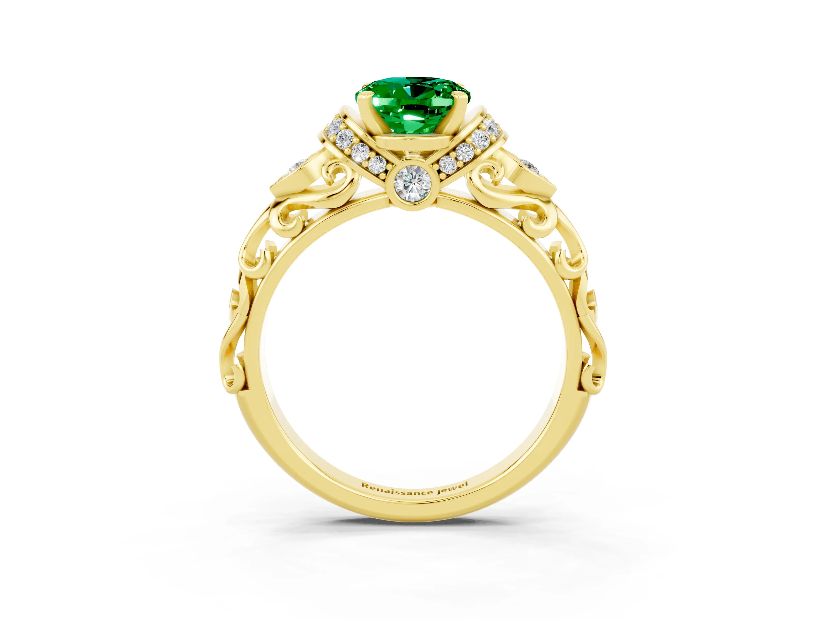 Yellow gold Oval Cut Emerald Solitaire Ring with Filigree Band and Four-Prong Setting_27
