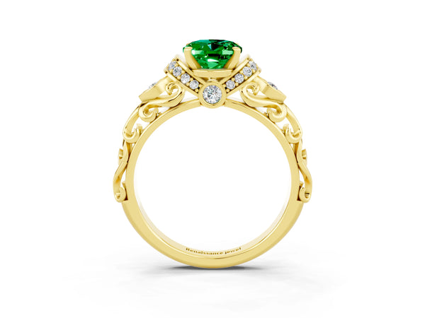 Yellow gold Oval Cut Emerald Solitaire Ring with Filigree Band and Four-Prong Setting