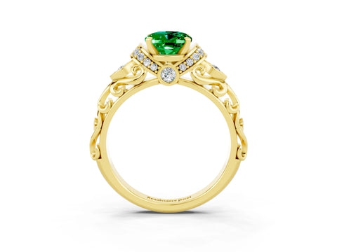 Yellow gold Oval Cut Emerald Solitaire Ring with Filigree Band and Four-Prong Setting_27