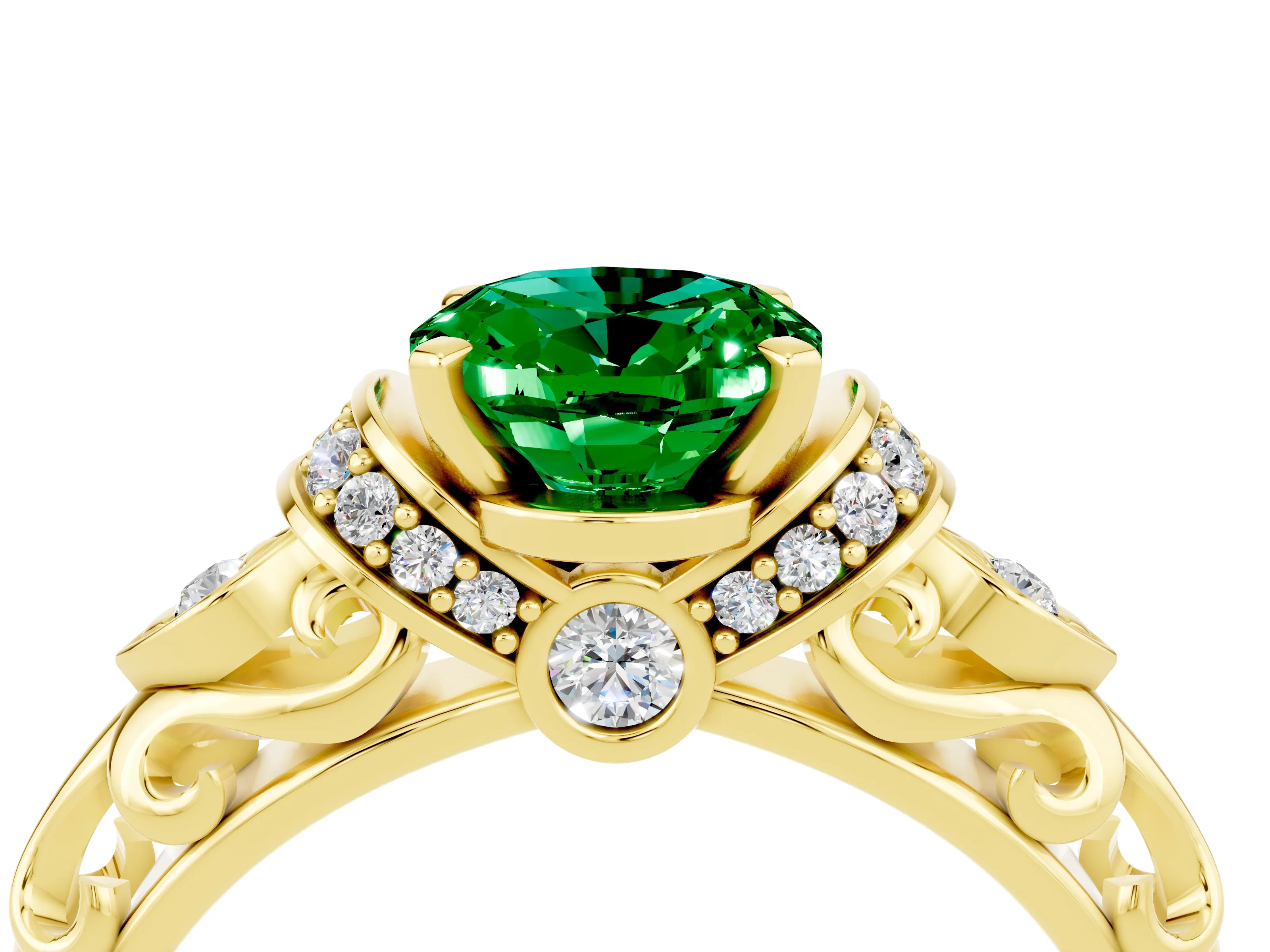 Yellow gold Oval Cut Emerald Solitaire Ring with Filigree Band and Four-Prong Setting_28