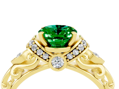 Yellow gold Oval Cut Emerald Solitaire Ring with Filigree Band and Four-Prong Setting_28