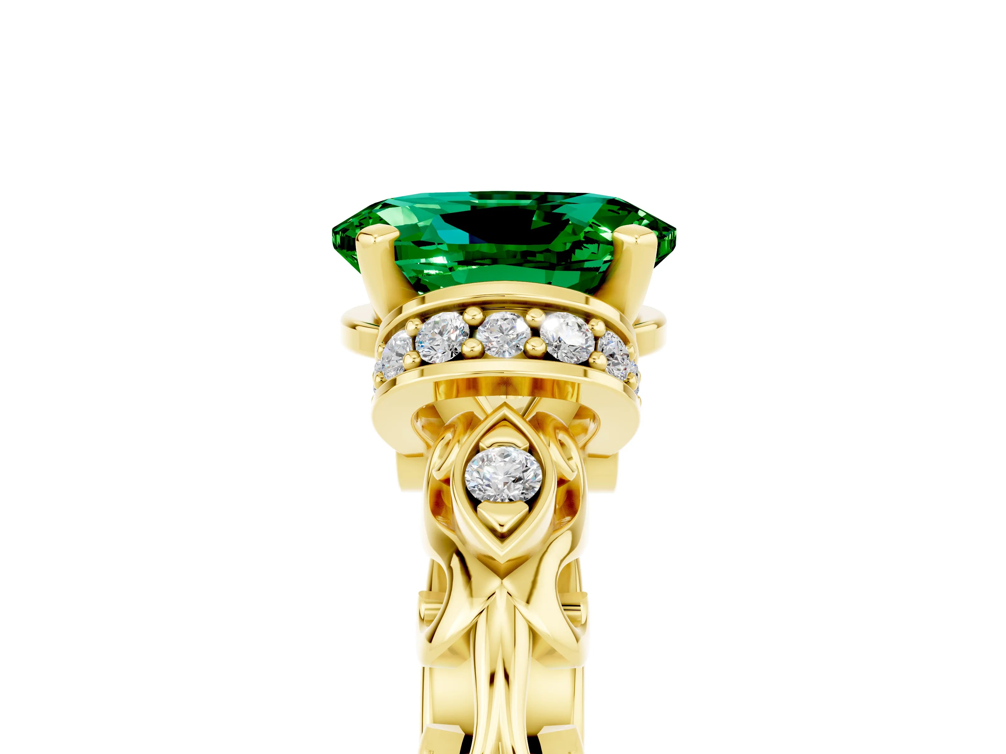 Yellow gold Oval Cut Emerald Solitaire Ring with Filigree Band and Four-Prong Setting_29