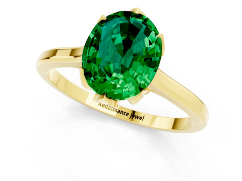 Yellow gold Oval Cut Emerald Solitaire Ring with Flower Prong Setting and Classic Band_13