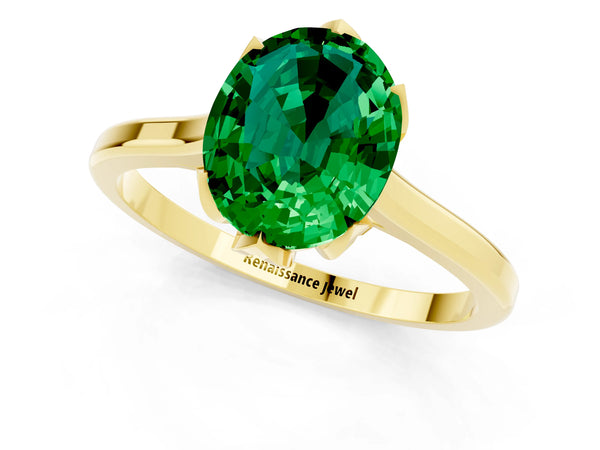 Yellow gold Oval Cut Emerald Solitaire Ring with Flower Prong Setting and Classic Band