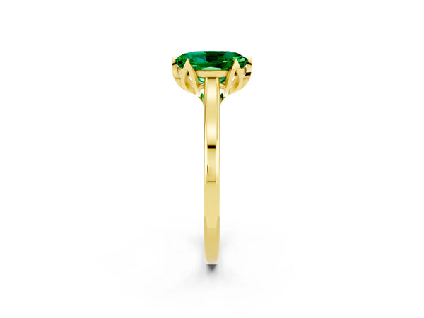 Yellow gold Oval Cut Emerald Solitaire Ring with Flower Prong Setting and Classic Band