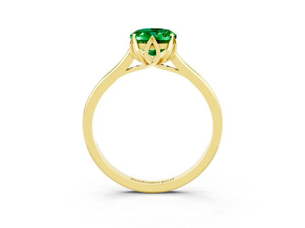 Yellow gold Oval Cut Emerald Solitaire Ring with Flower Prong Setting and Classic Band
