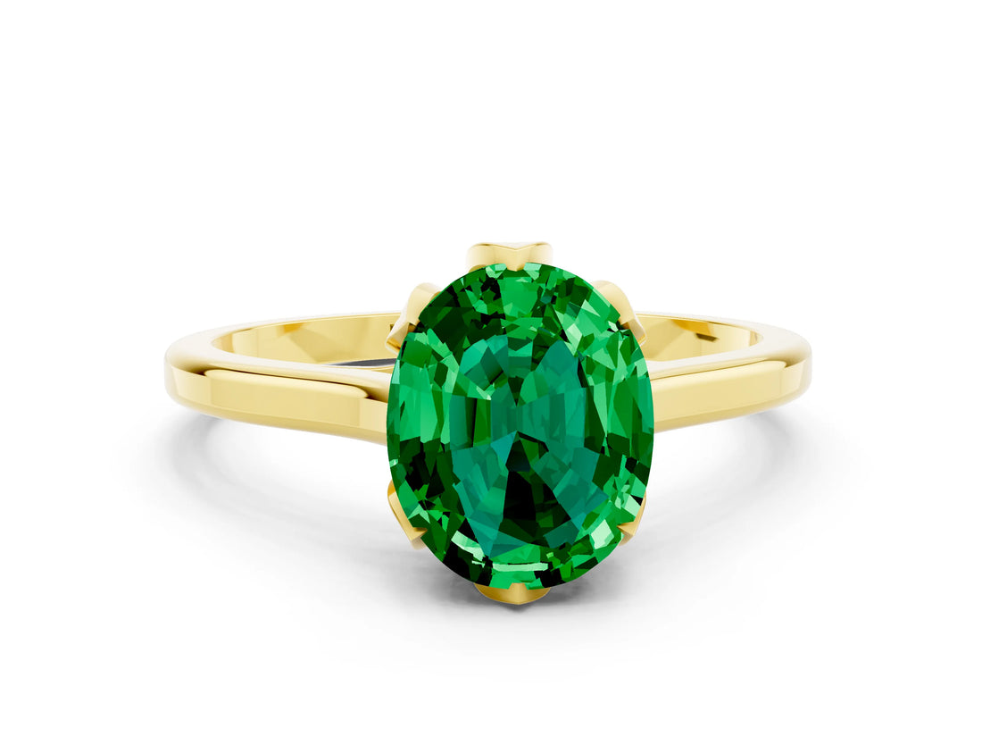Yellow gold Oval Cut Emerald Solitaire Ring with Flower Prong Setting and Classic Band_36