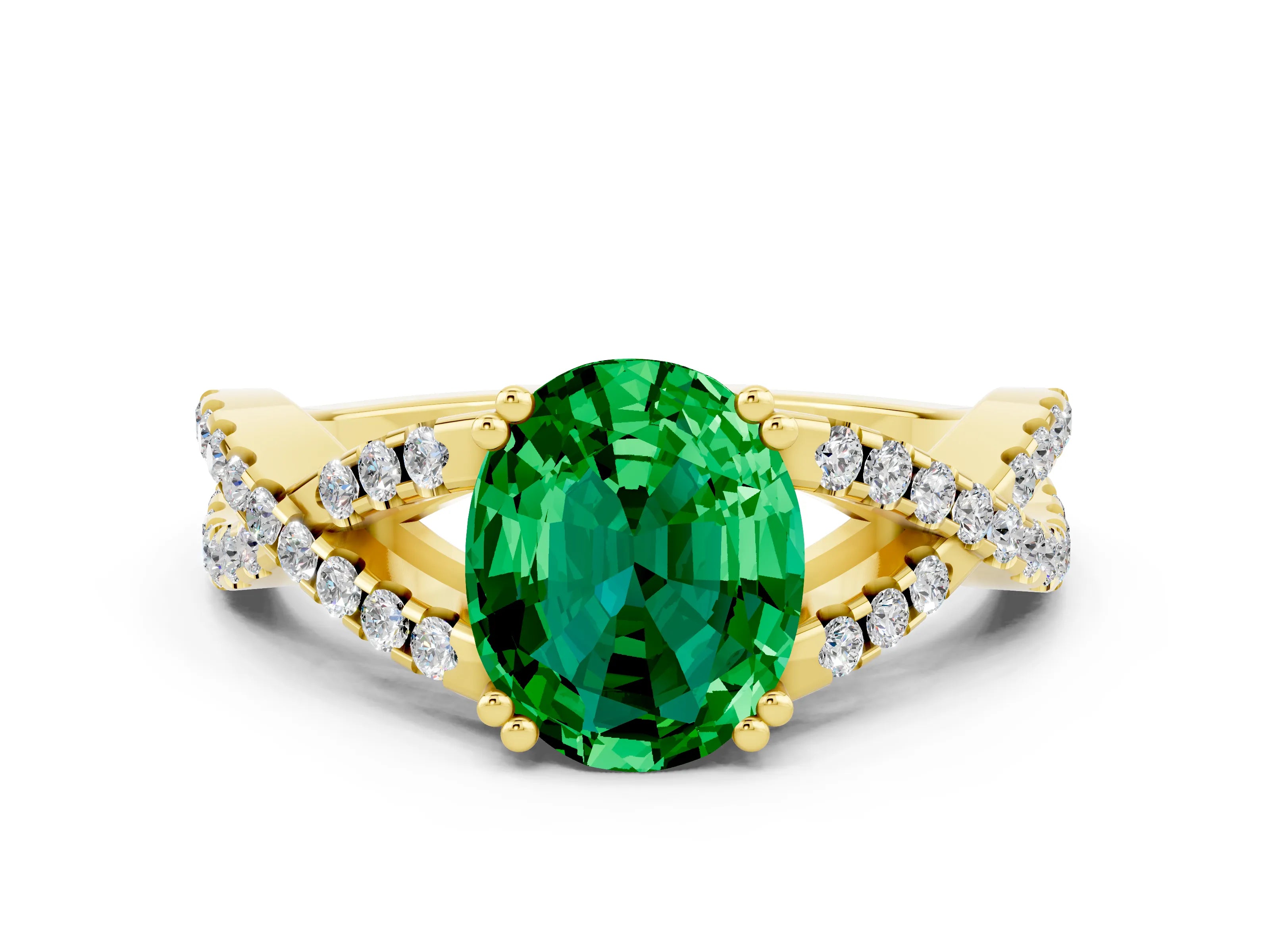 Yellow gold Oval Cut Emerald Solitaire Ring with Four-Prong Setting and Twisted Pavé Band