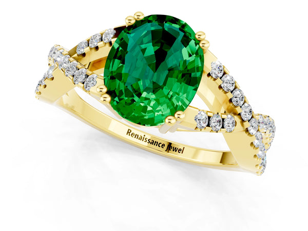 Yellow gold Oval Cut Emerald Solitaire Ring with Four-Prong Setting and Twisted Pavé Band