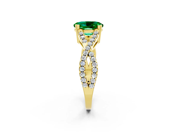 Yellow gold Oval Cut Emerald Solitaire Ring with Four-Prong Setting and Twisted Pavé Band