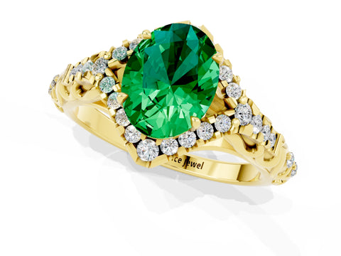 Yellow gold Oval Cut Emerald Solitaire Ring with Hidden Halo and Pavé Band_11