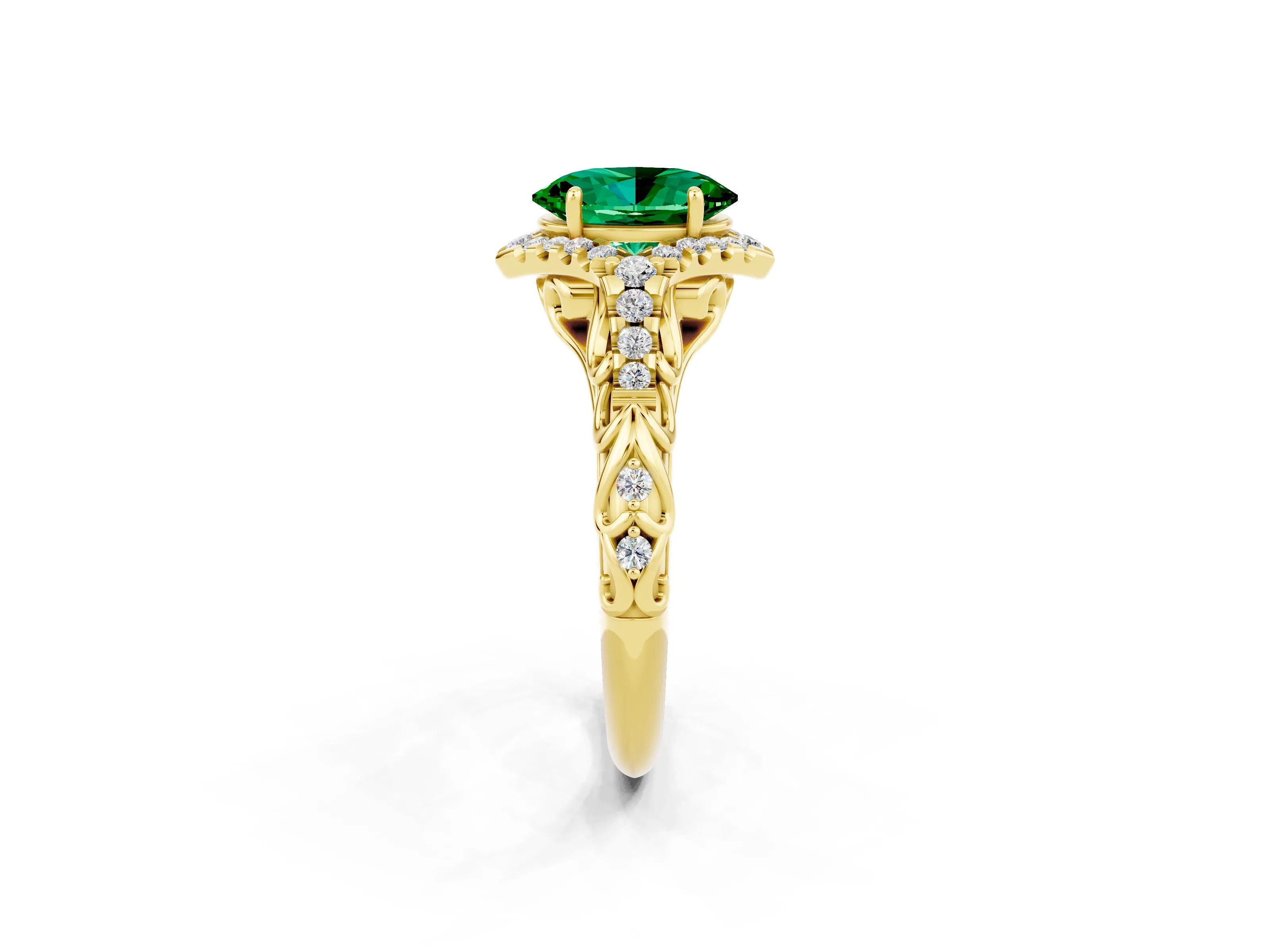 Yellow gold Oval Cut Emerald Solitaire Ring with Hidden Halo and Pavé Band_12