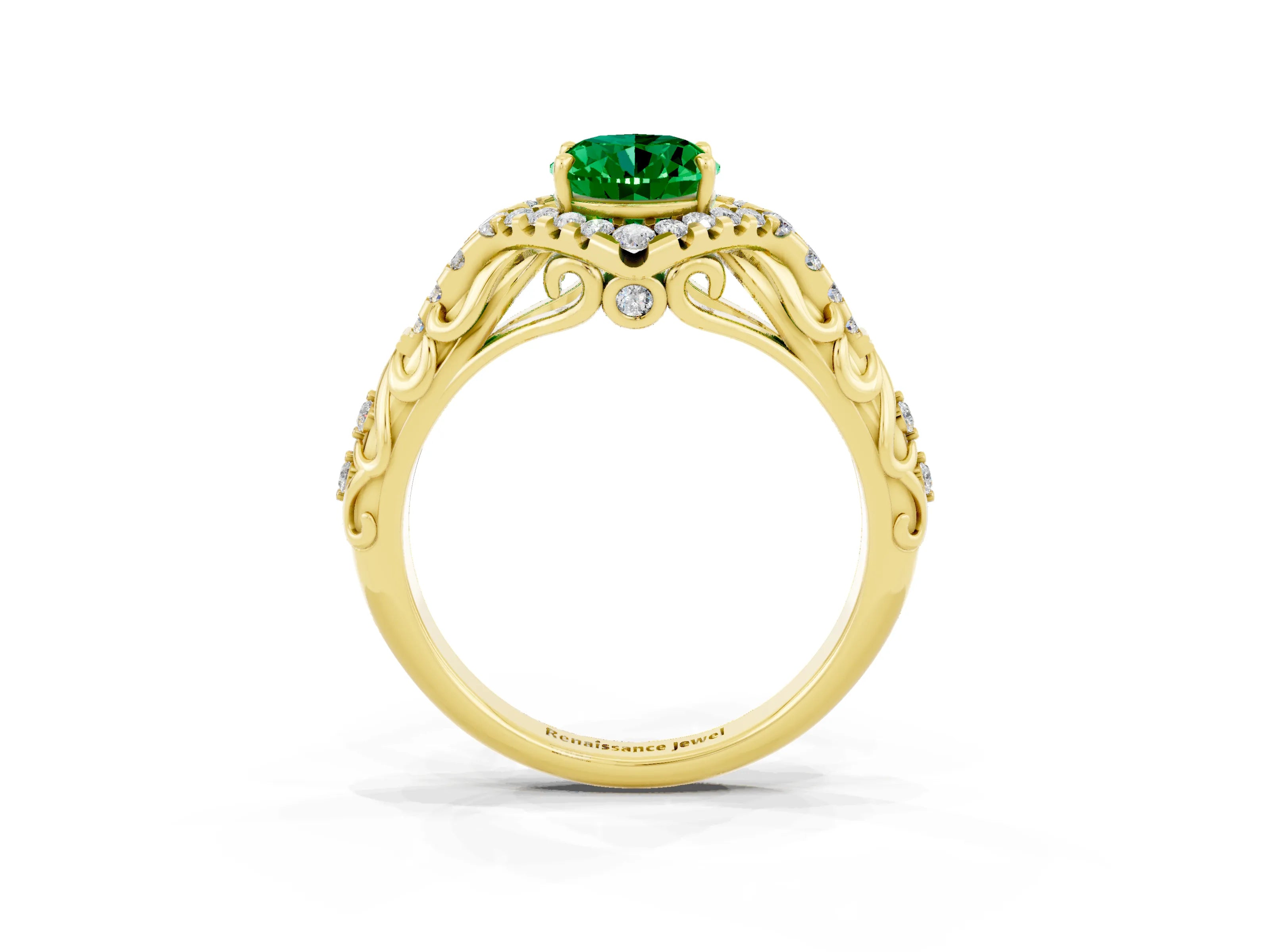 Yellow gold Oval Cut Emerald Solitaire Ring with Hidden Halo and Pavé Band_13