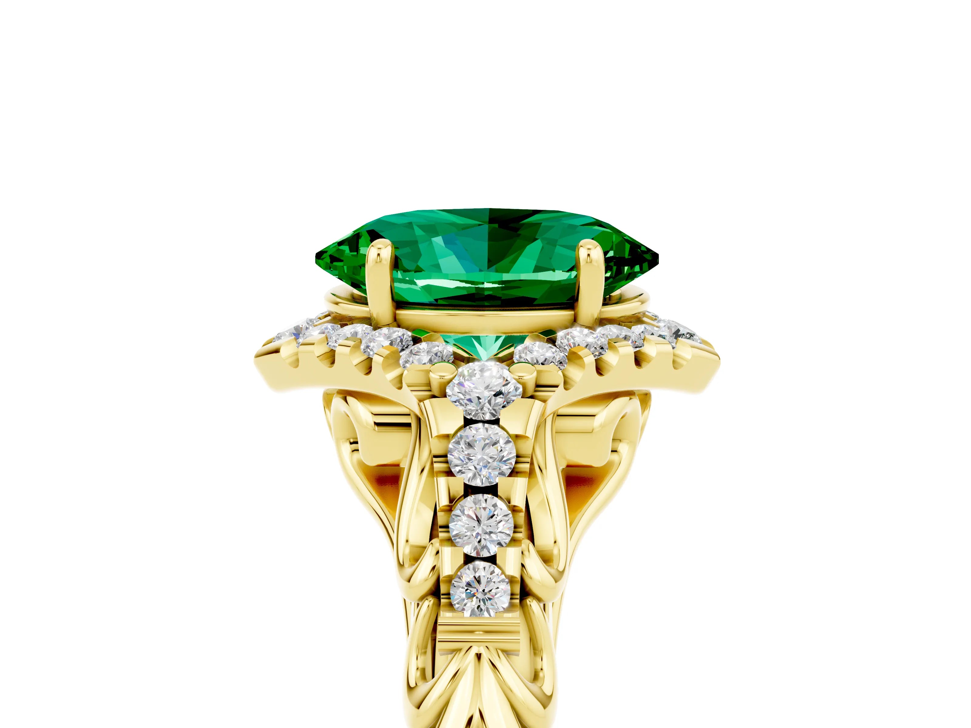 Yellow gold Oval Cut Emerald Solitaire Ring with Hidden Halo and Pavé Band_15