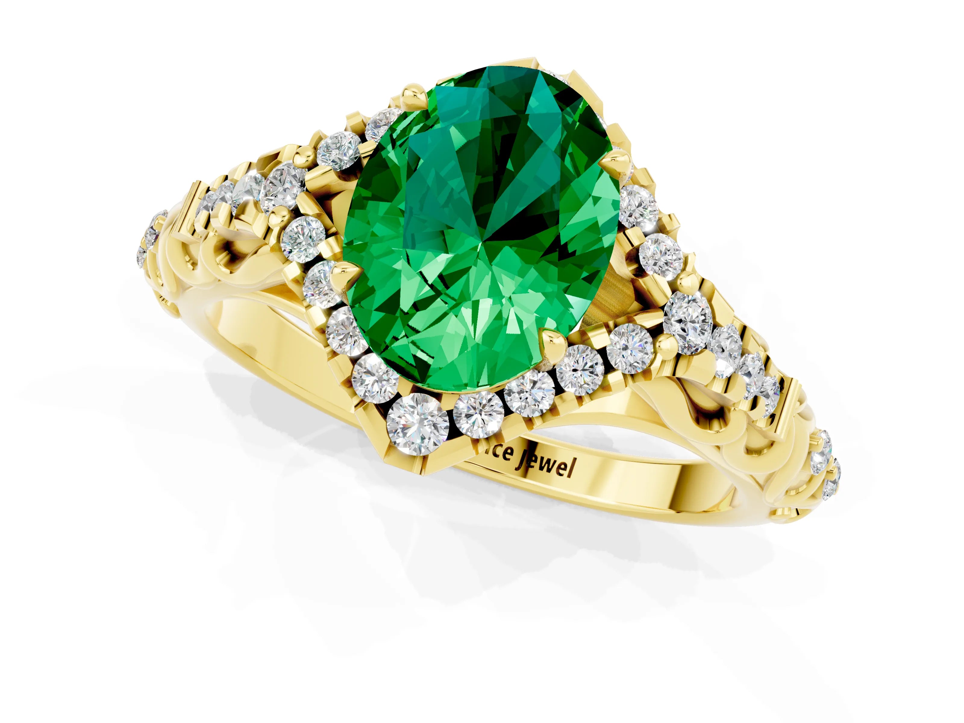 Yellow gold Oval Cut Emerald Solitaire Ring with Hidden Halo and Pavé Band_19