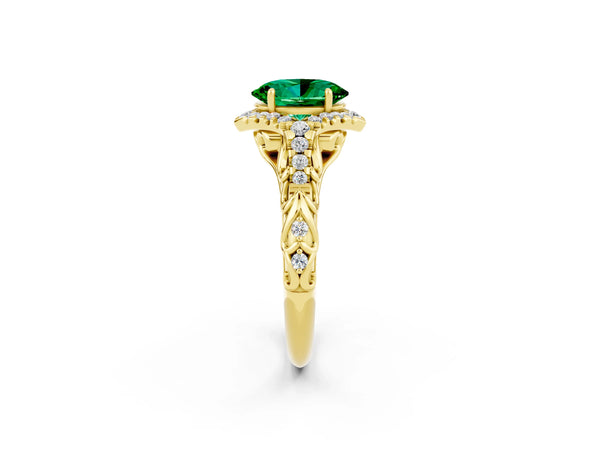Yellow gold Oval Cut Emerald Solitaire Ring with Hidden Halo and Pavé Band