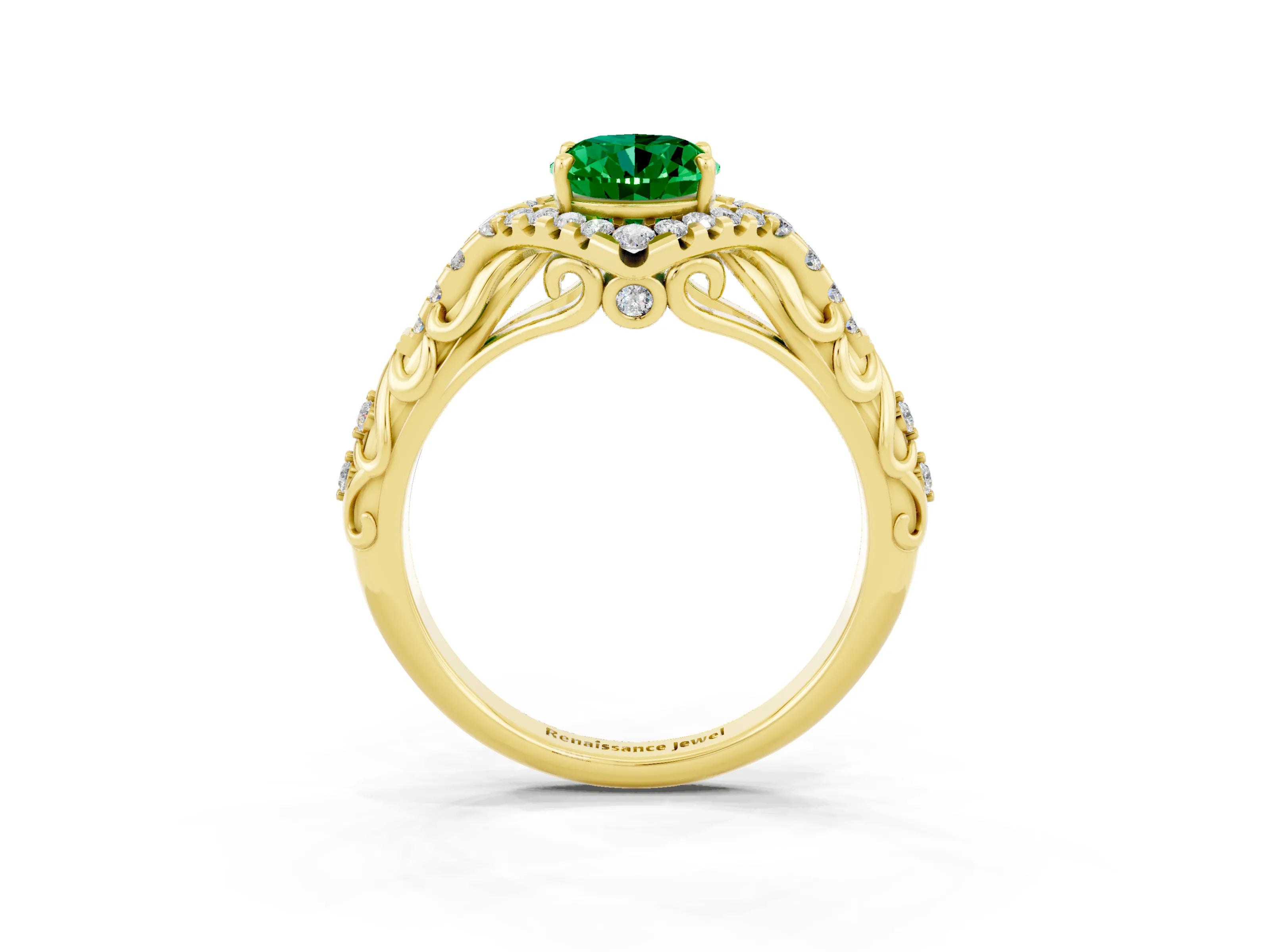 Yellow gold Oval Cut Emerald Solitaire Ring with Hidden Halo and Pavé Band_21