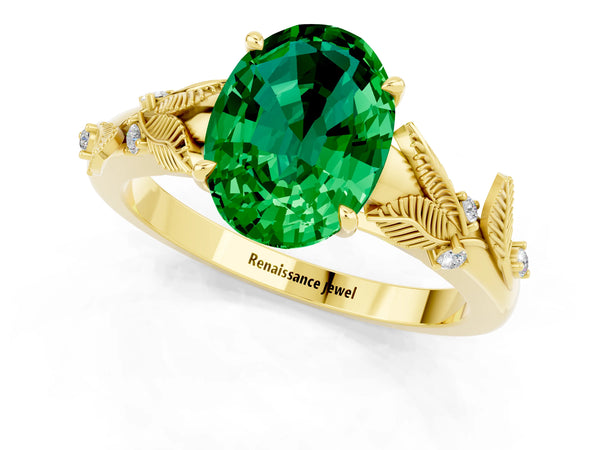 Yellow gold Oval Cut Emerald Solitaire Ring with Leaf Motif Band and Four-Prong Setting