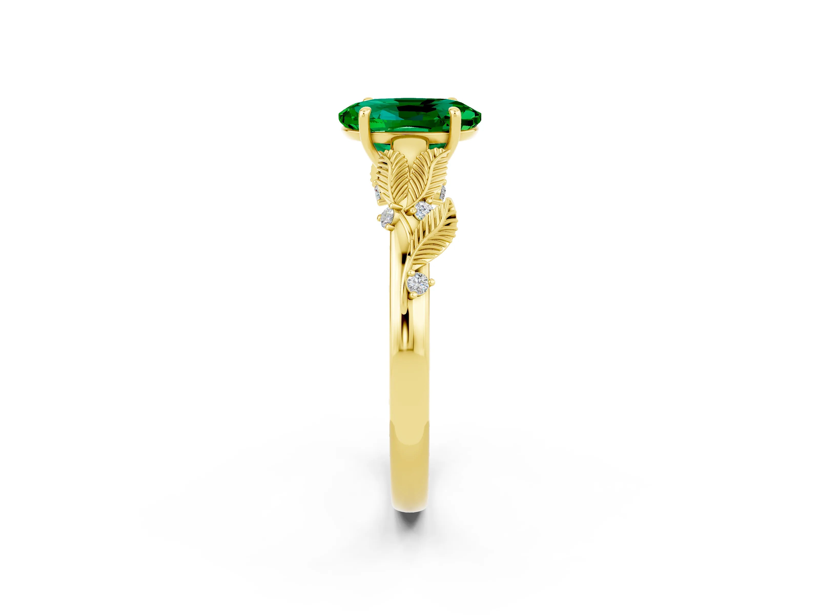 Yellow gold Oval Cut Emerald Solitaire Ring with Leaf Motif Band and Four-Prong Setting_2