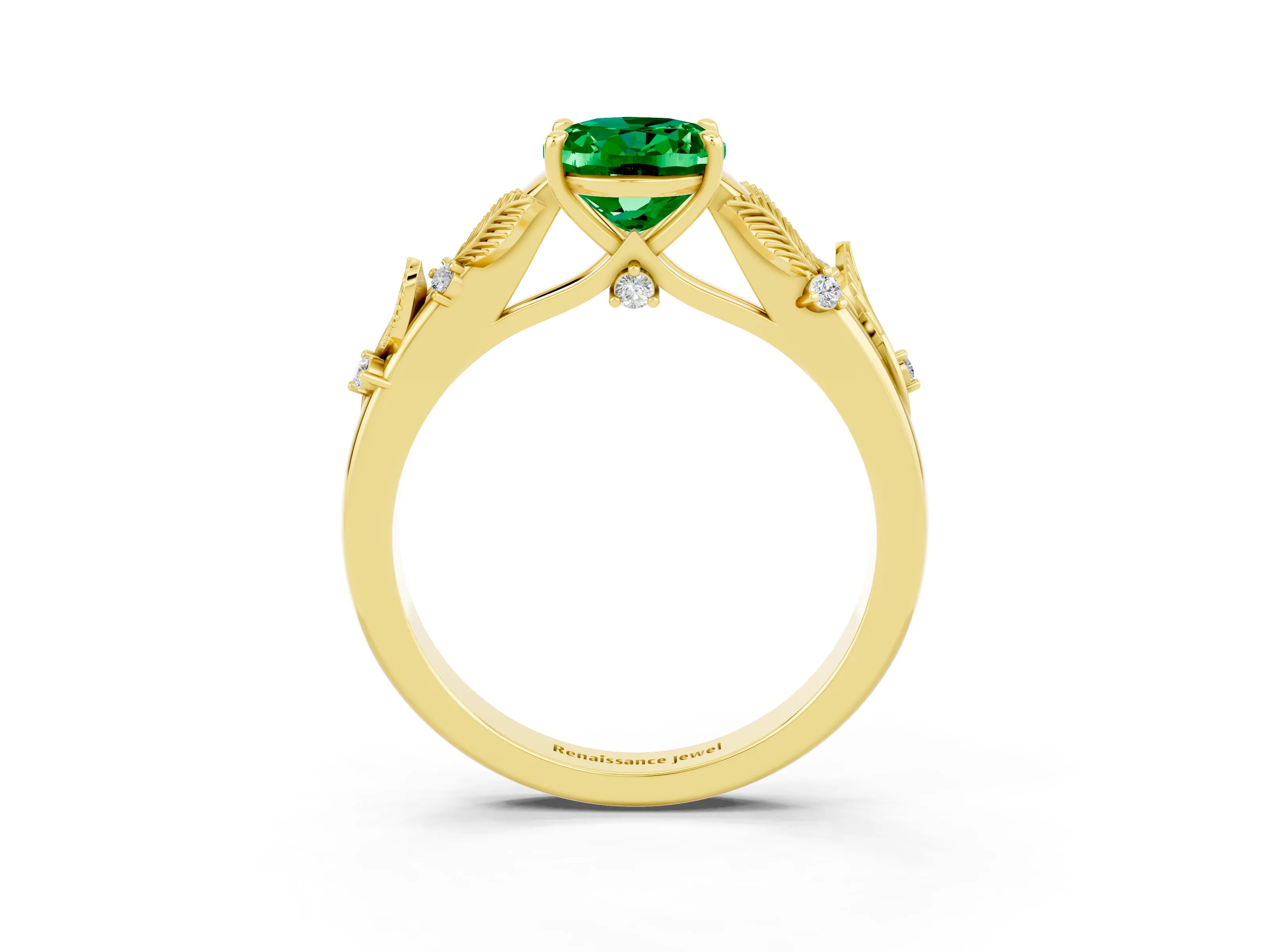 Yellow gold Oval Cut Emerald Solitaire Ring with Leaf Motif Band and Four-Prong Setting_3