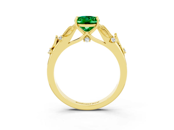 Yellow gold Oval Cut Emerald Solitaire Ring with Leaf Motif Band and Four-Prong Setting