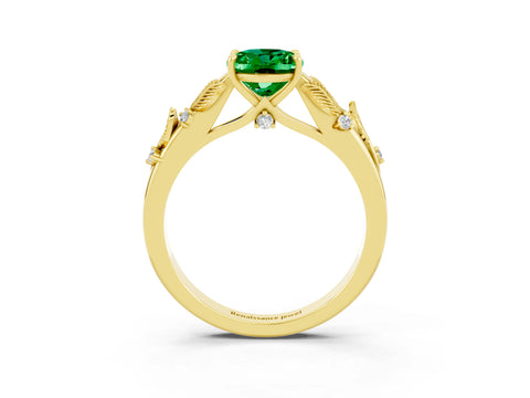 Yellow gold Oval Cut Emerald Solitaire Ring with Leaf Motif Band and Four-Prong Setting_3