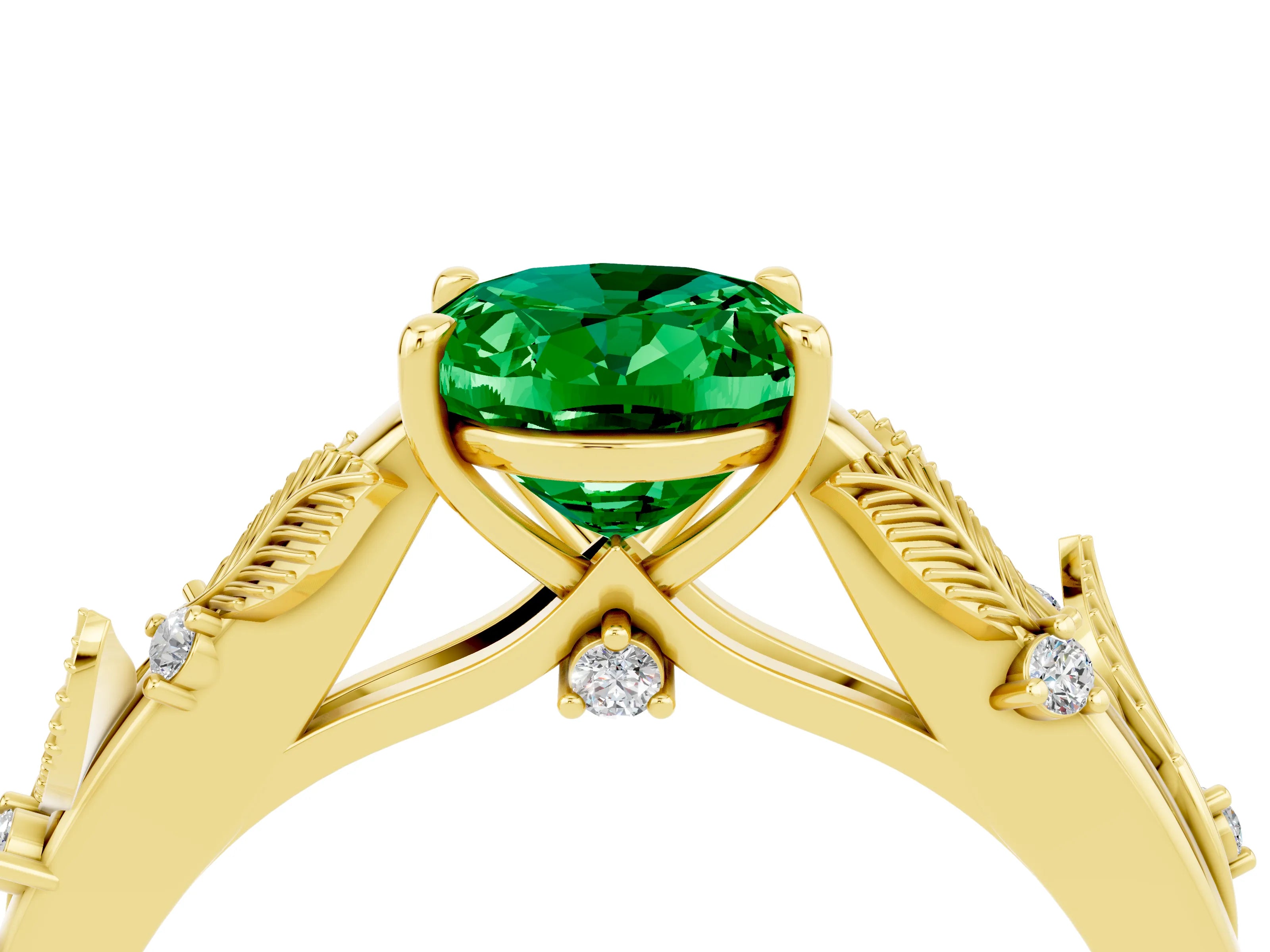 Yellow gold Oval Cut Emerald Solitaire Ring with Leaf Motif Band and Four-Prong Setting_4
