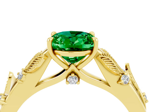 Yellow gold Oval Cut Emerald Solitaire Ring with Leaf Motif Band and Four-Prong Setting_4