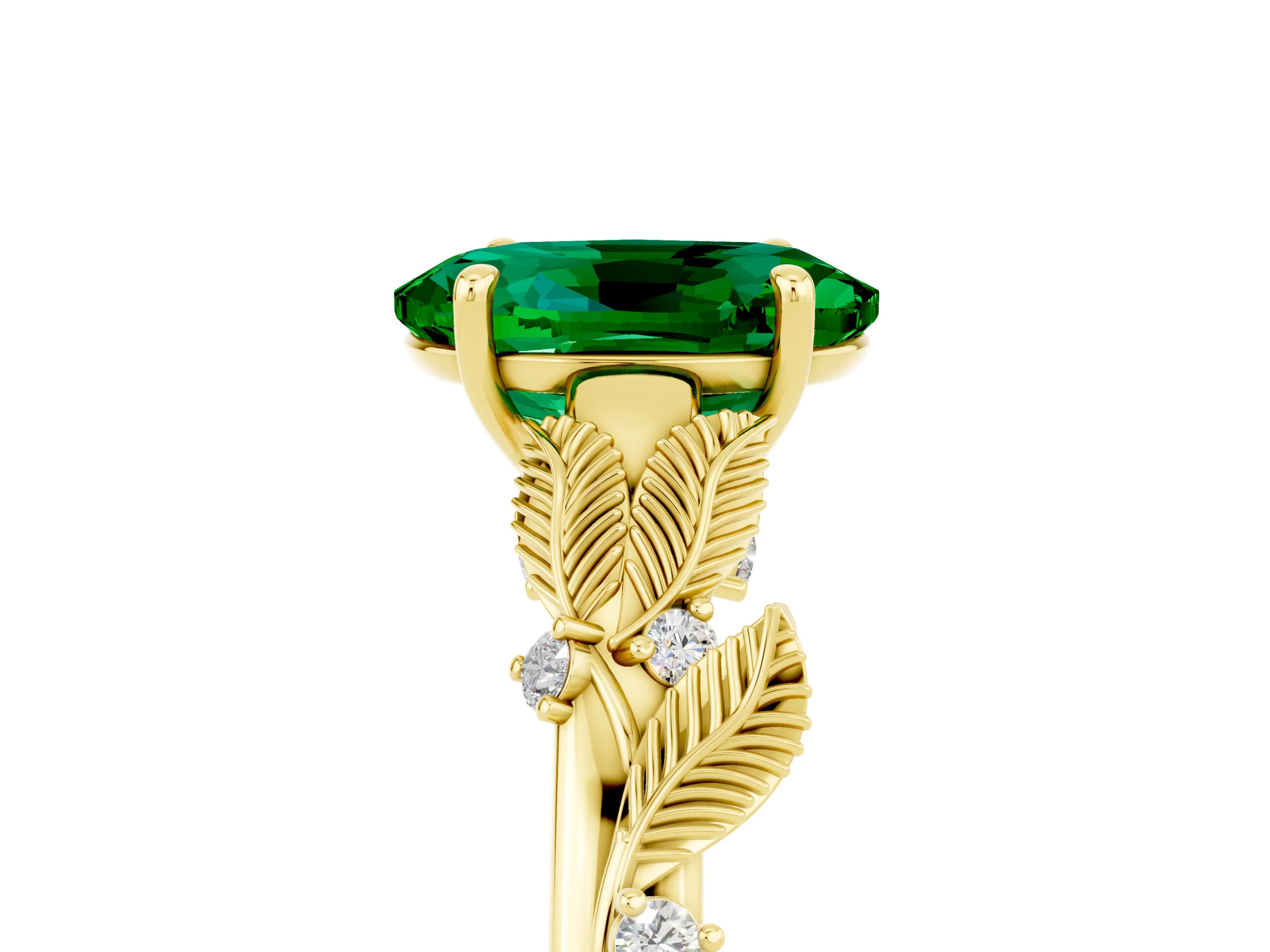 Yellow gold Oval Cut Emerald Solitaire Ring with Leaf Motif Band and Four-Prong Setting_5