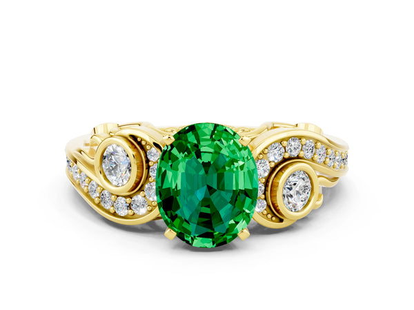 Yellow gold Oval Cut Emerald Solitaire Ring with Milgrain Pavé Band and Four-Prong Setting
