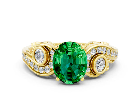 Yellow gold Oval Cut Emerald Solitaire Ring with Milgrain Pavé Band and Four-Prong Setting_24