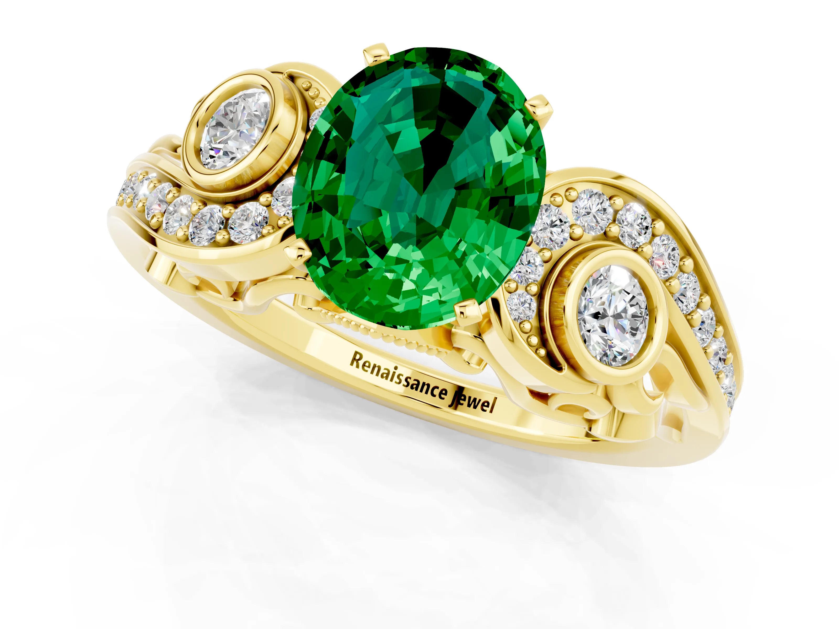 Yellow gold Oval Cut Emerald Solitaire Ring with Milgrain Pavé Band and Four-Prong Setting_25