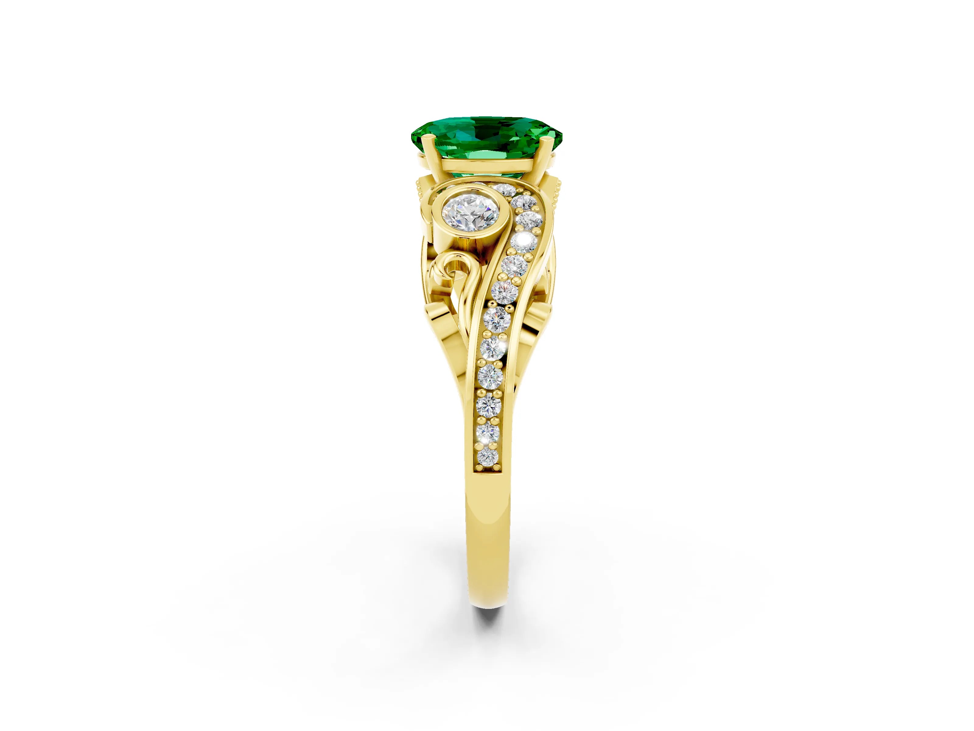 Yellow gold Oval Cut Emerald Solitaire Ring with Milgrain Pavé Band and Four-Prong Setting_26