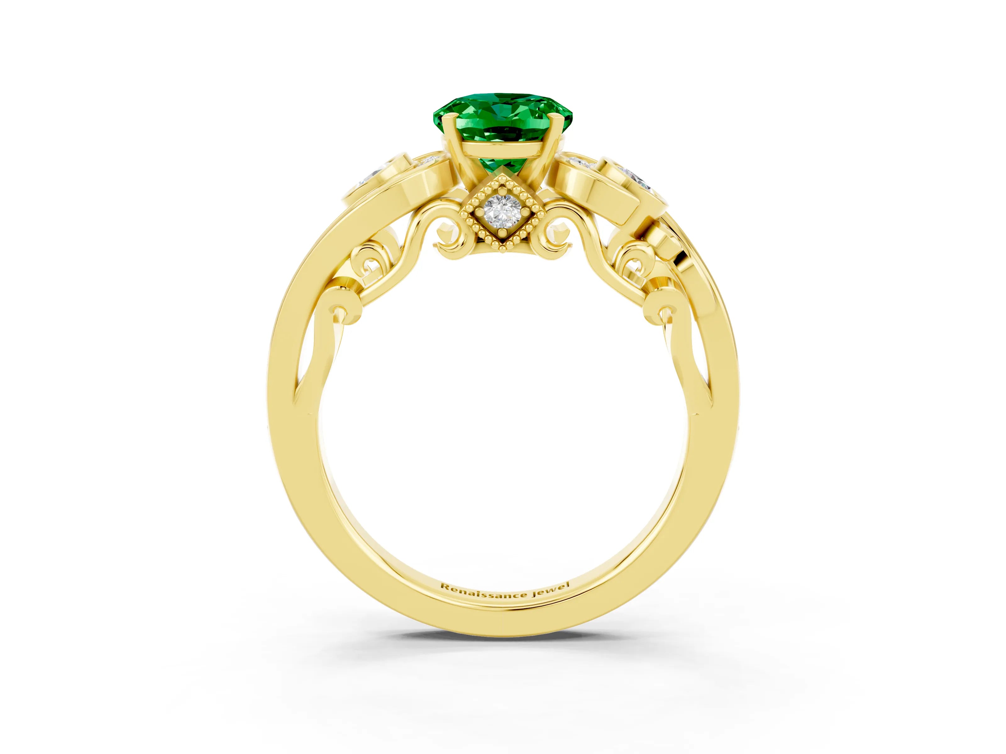 Yellow gold Oval Cut Emerald Solitaire Ring with Milgrain Pavé Band and Four-Prong Setting_27