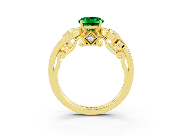 Yellow gold Oval Cut Emerald Solitaire Ring with Milgrain Pavé Band and Four-Prong Setting